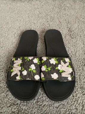 Michael Kors Black Floral MK Logo Slide Sandals